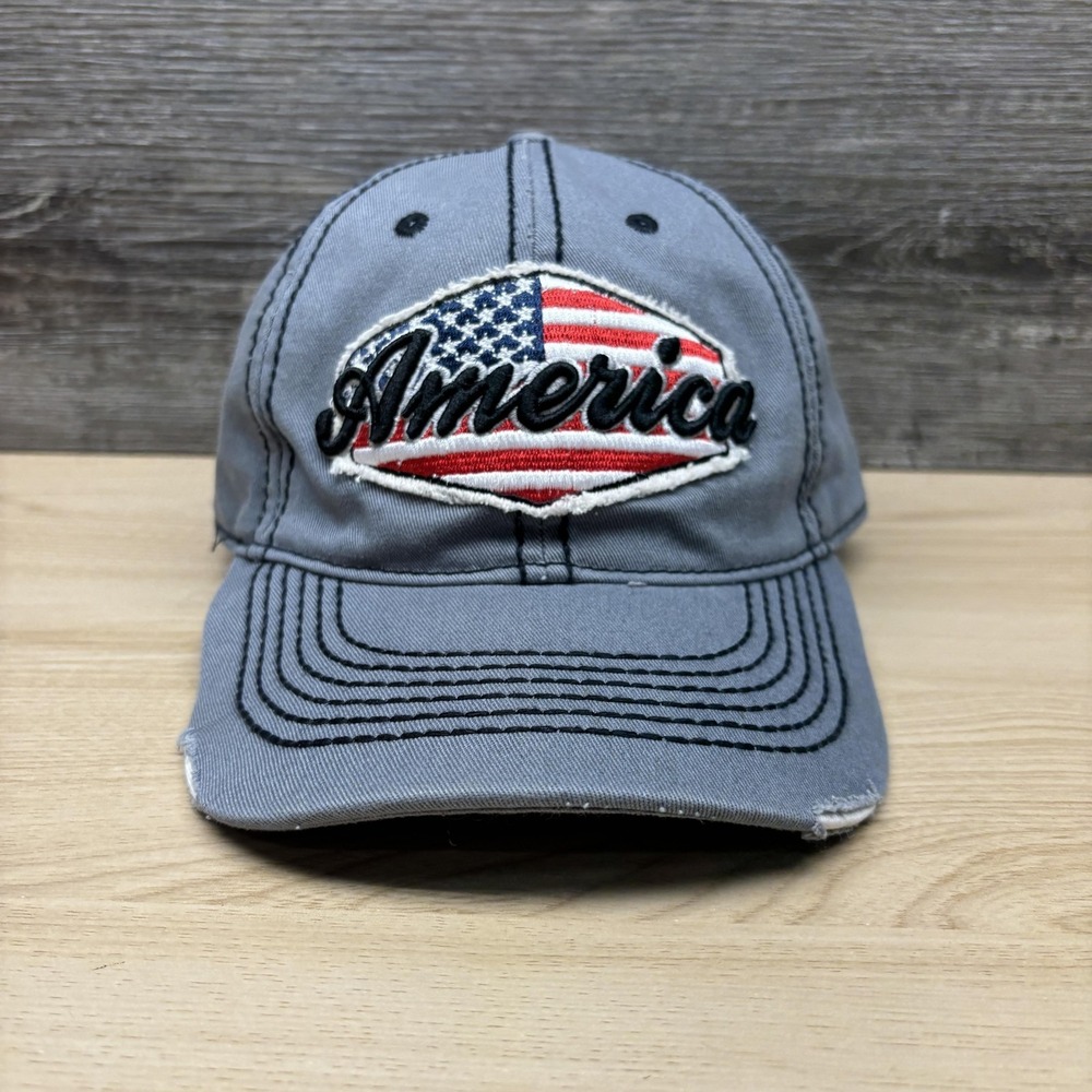America Flag Hat Cap Strap Back Mens One Size Gray Twill Home Of The Brave USA